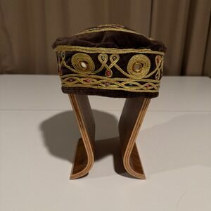 Embroidered Velvet Skull Cap Kufi Hat Mens Brown Gold Trimmed Beaded